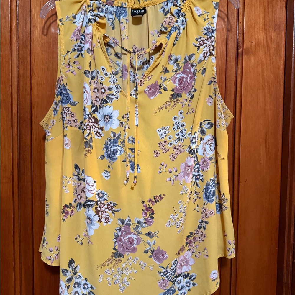 Torrid Yellow and Purple Tie Front Sleeveless Blouse